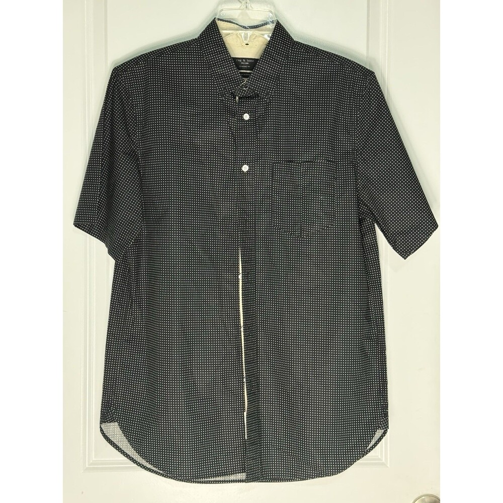 Rag & Bone 100% Cotton Short Sleeve Button Up Shirt Black w/ White Dots Men’s M